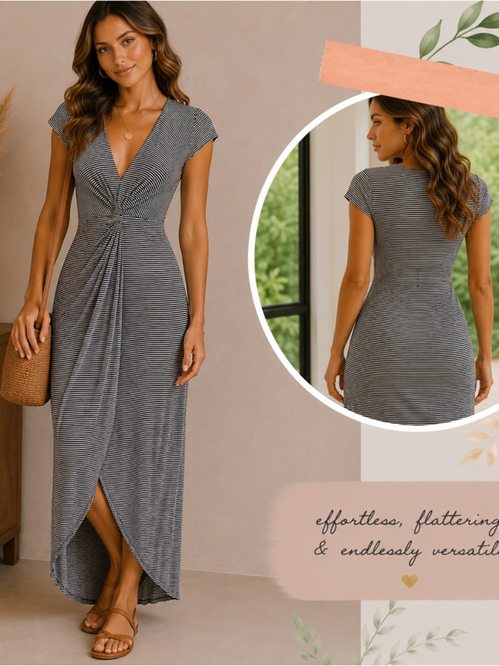 Striped Twist-Front Maxi Dress in Black and White